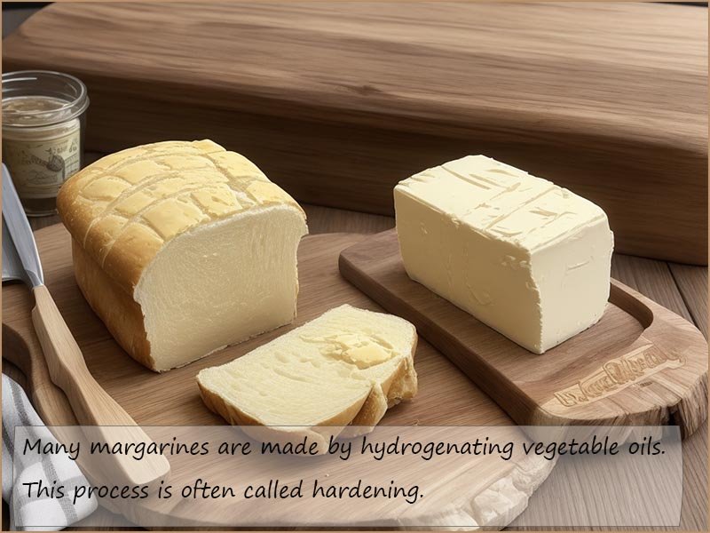Margarine is often made by hardening vegetable oils.